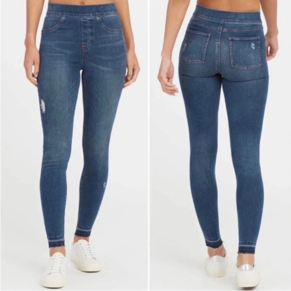 Spanx Distressed High Rise Medium Wash Ankle Skinny Denim Jeans size Medium